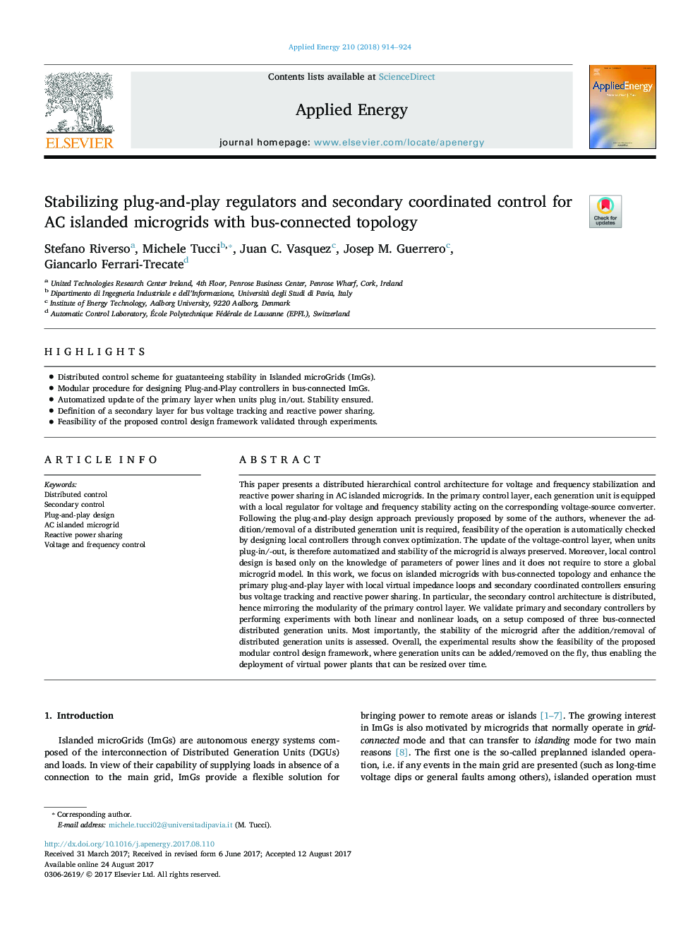 Stabilizing plug-and-play regulators and secondary coordinated control for AC islanded microgrids with bus-connected topology