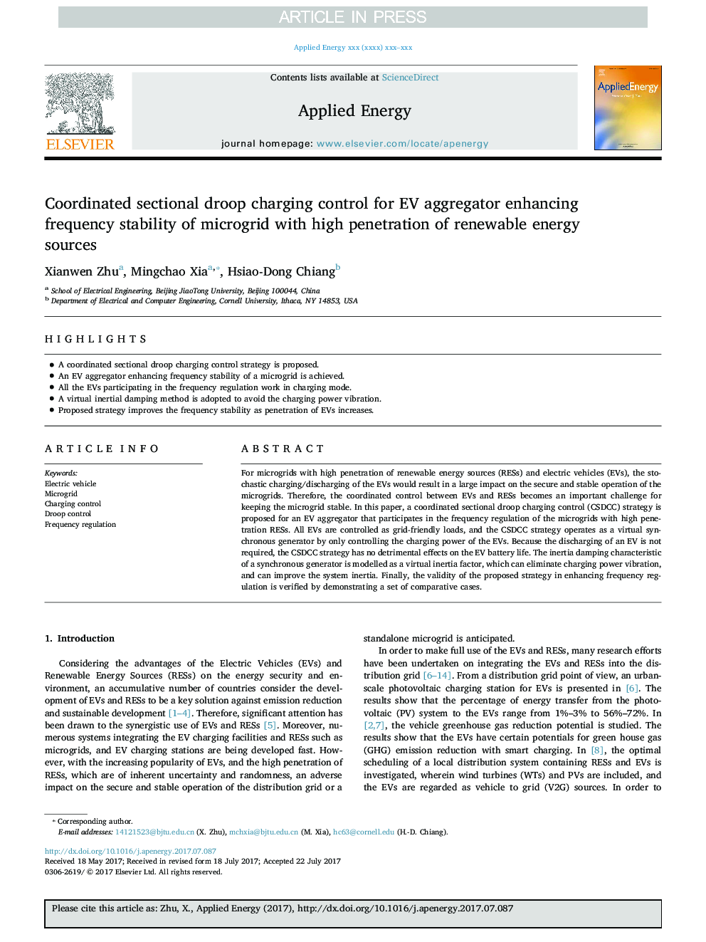 Coordinated sectional droop charging control for EV aggregator enhancing frequency stability of microgrid with high penetration of renewable energy sources