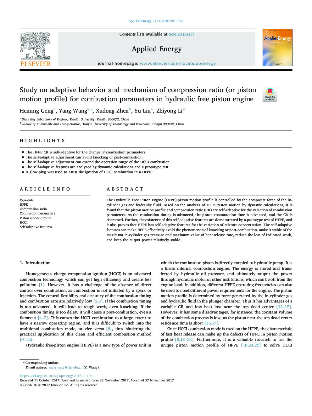 Study on adaptive behavior and mechanism of compression ratio (or piston motion profile) for combustion parameters in hydraulic free piston engine
