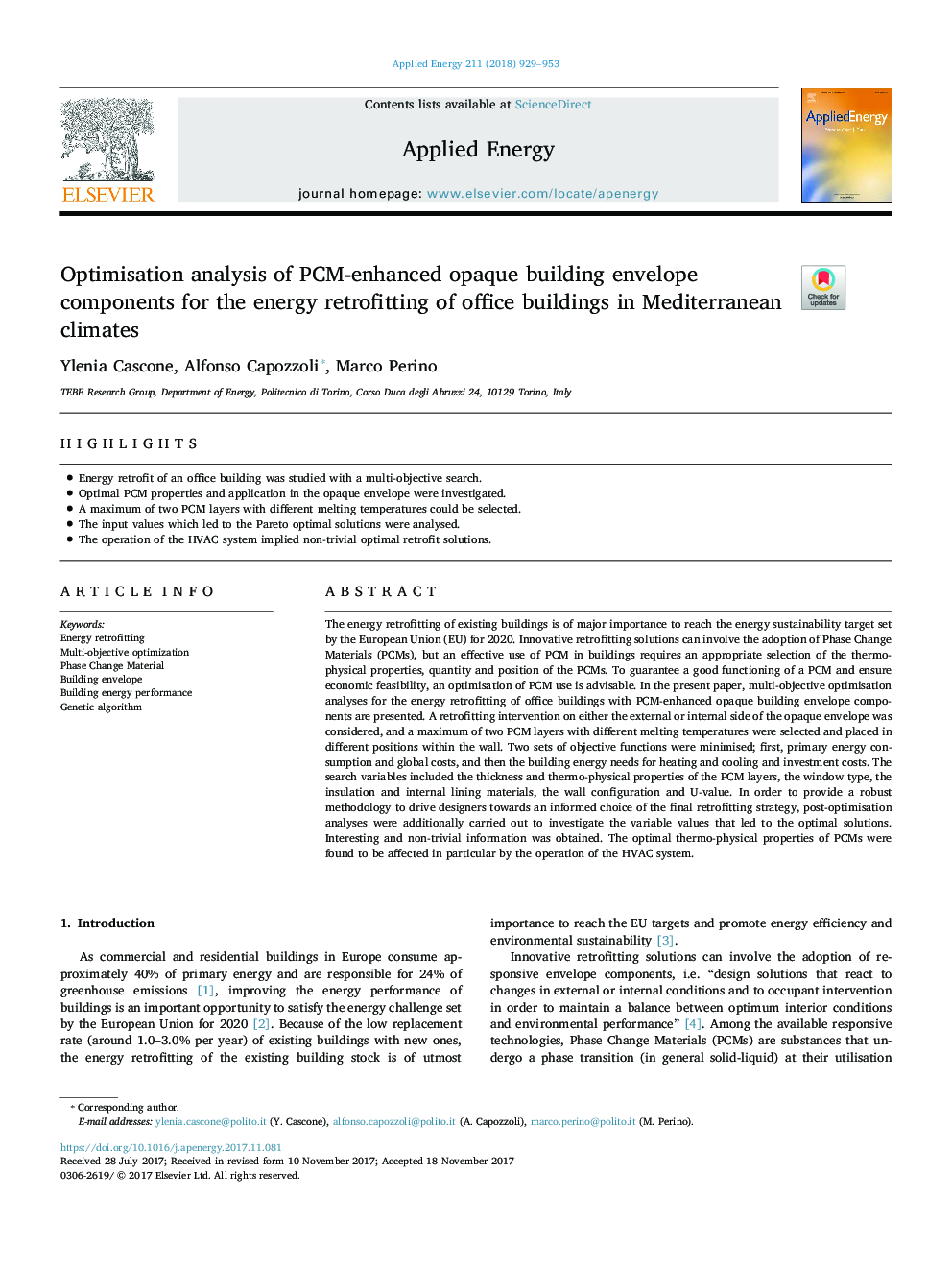 Optimisation analysis of PCM-enhanced opaque building envelope components for the energy retrofitting of office buildings in Mediterranean climates