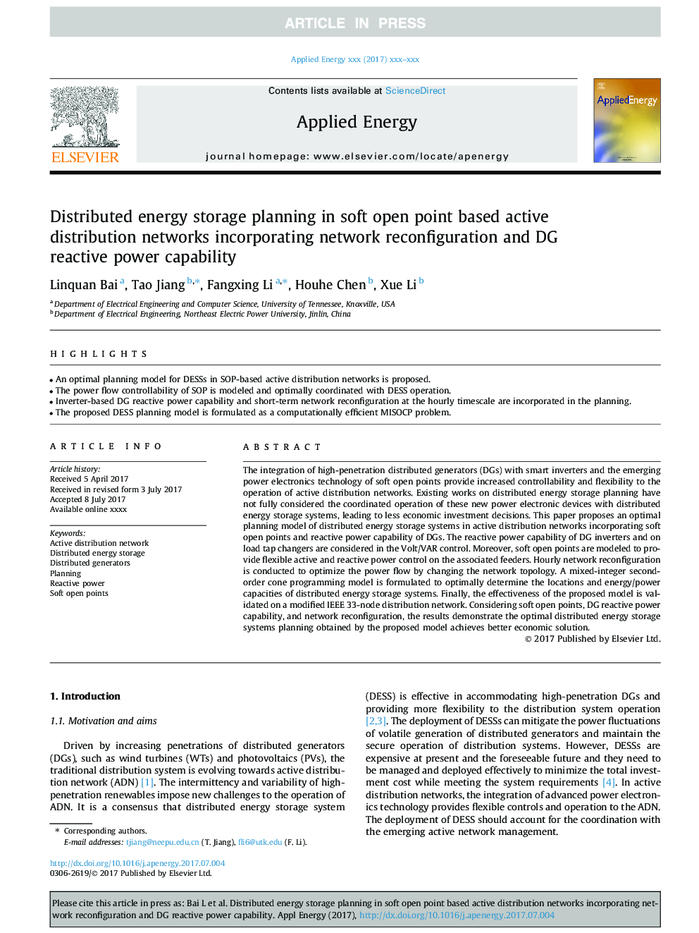 Distributed energy storage planning in soft open point based active distribution networks incorporating network reconfiguration and DG reactive power capability