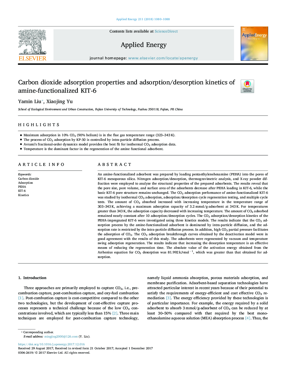 Carbon dioxide adsorption properties and adsorption/desorption kinetics of amine-functionalized KIT-6