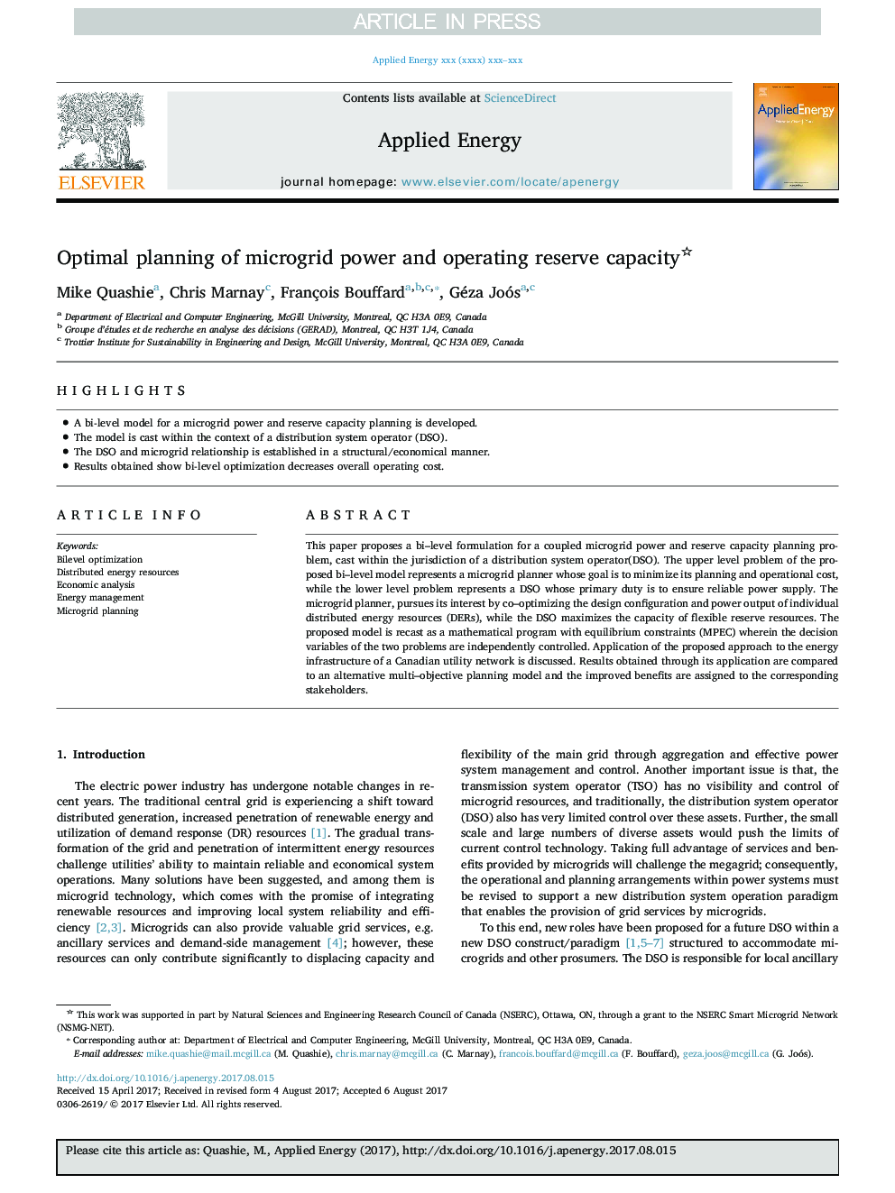 Optimal planning of microgrid power and operating reserve capacity