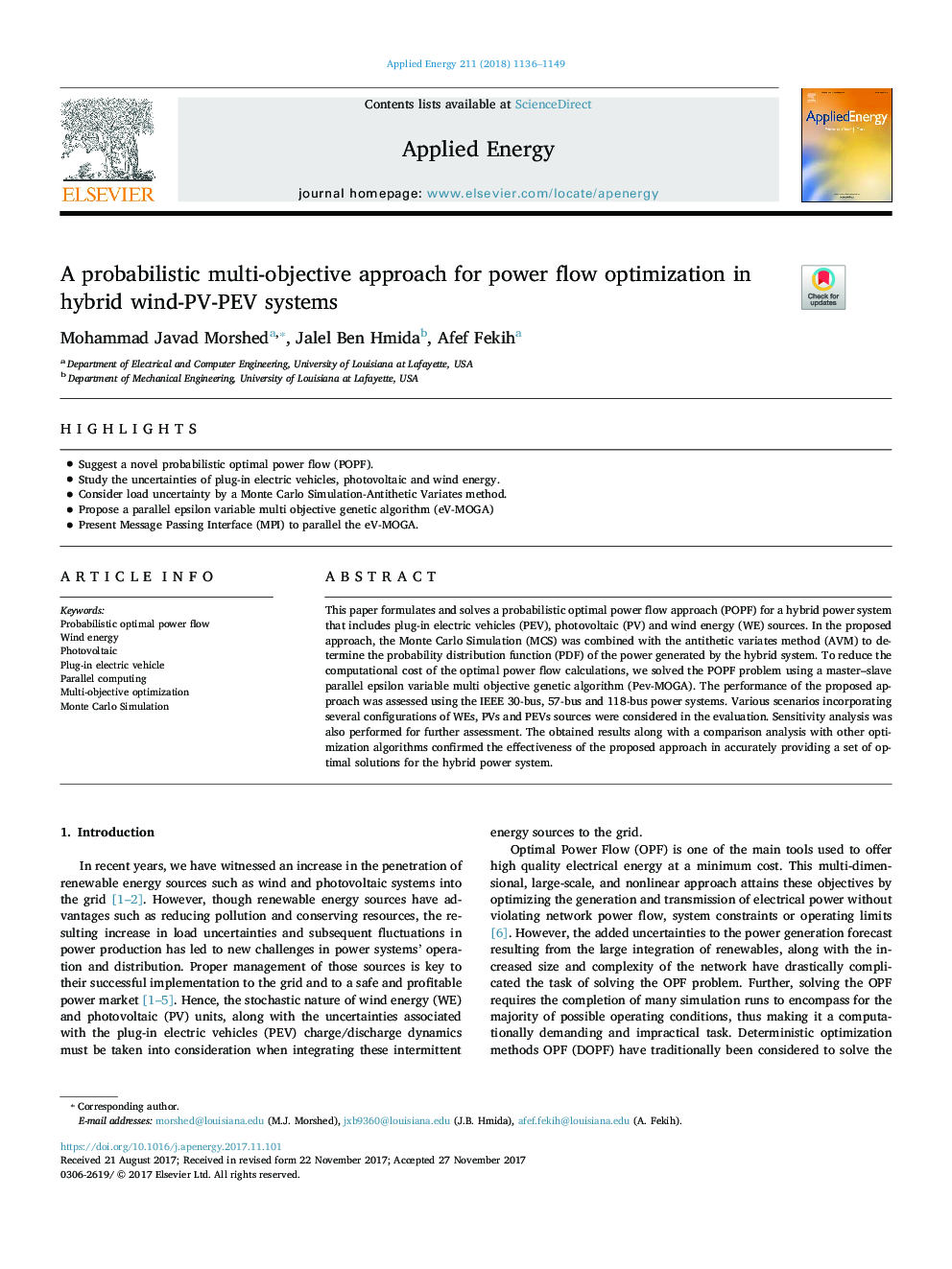 عکس صفحه اول مقاله: A probabilistic multi-objective approach for power flow optimization in hybrid wind-PV-PEV systems A probabilistic multi-objective approach for power flow optimization in hybrid wind-PV-PEV systems