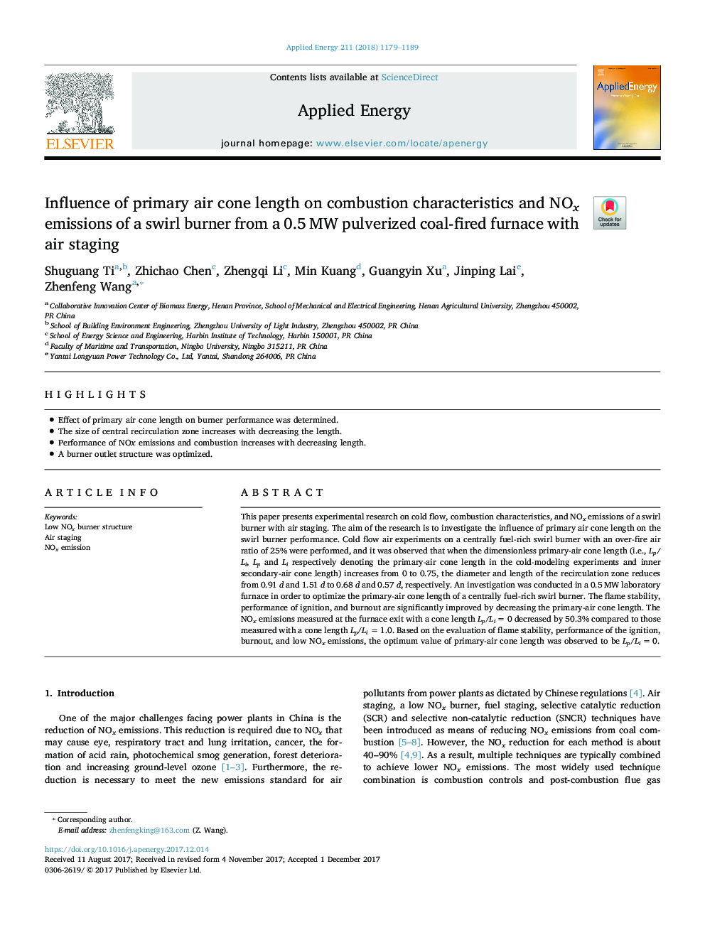 Influence of primary air cone length on combustion characteristics and NOx emissions of a swirl burner from a 0.5â¯MW pulverized coal-fired furnace with air staging