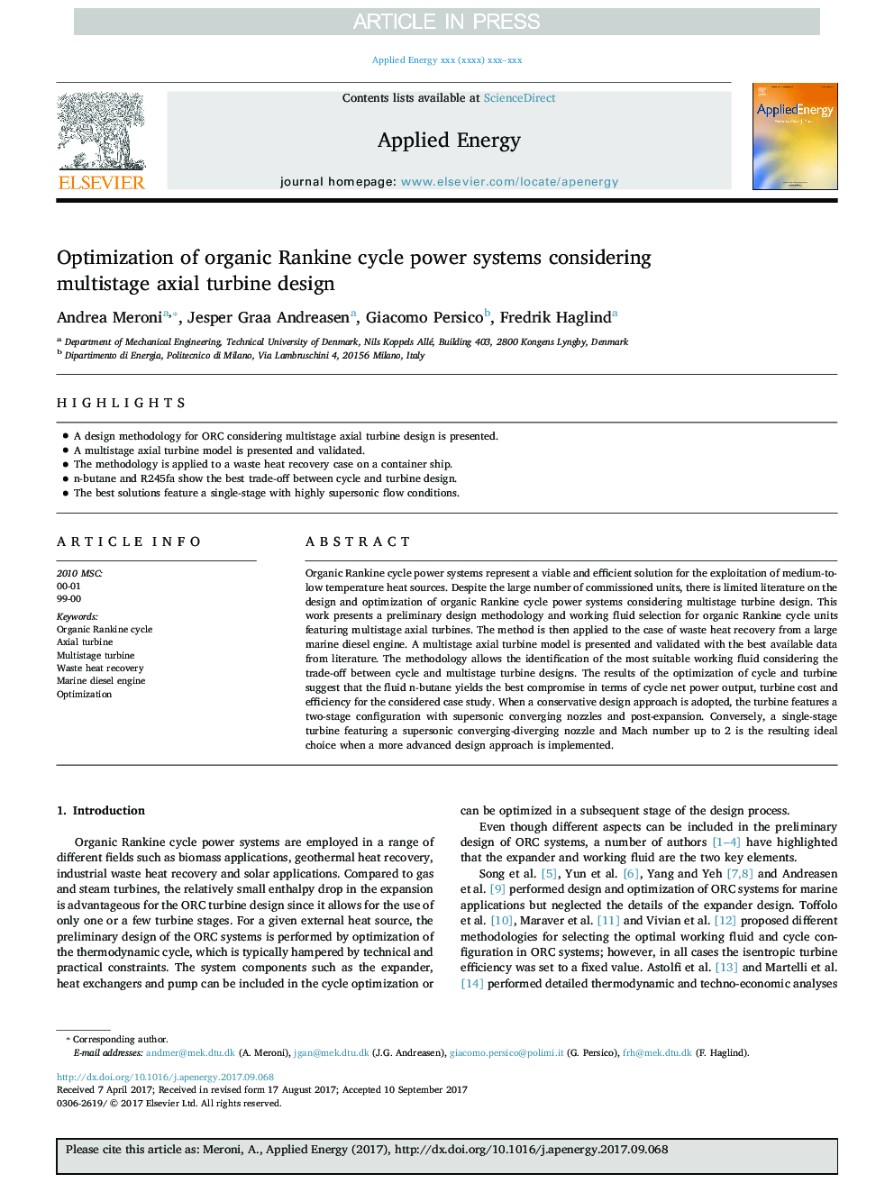 Optimization of organic Rankine cycle power systems considering multistage axial turbine design