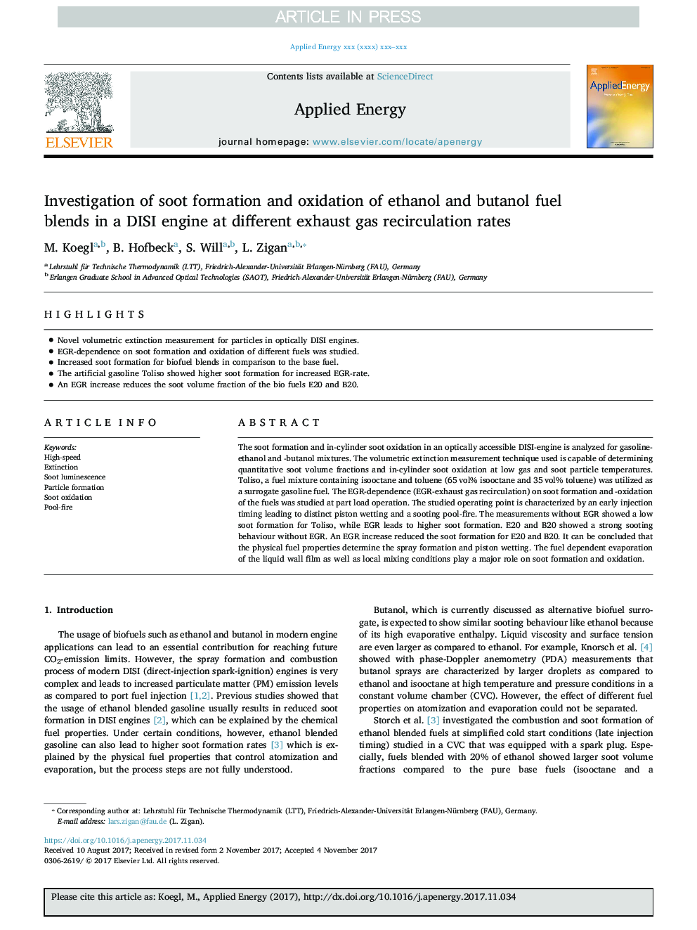 Investigation of soot formation and oxidation of ethanol and butanol fuel blends in a DISI engine at different exhaust gas recirculation rates