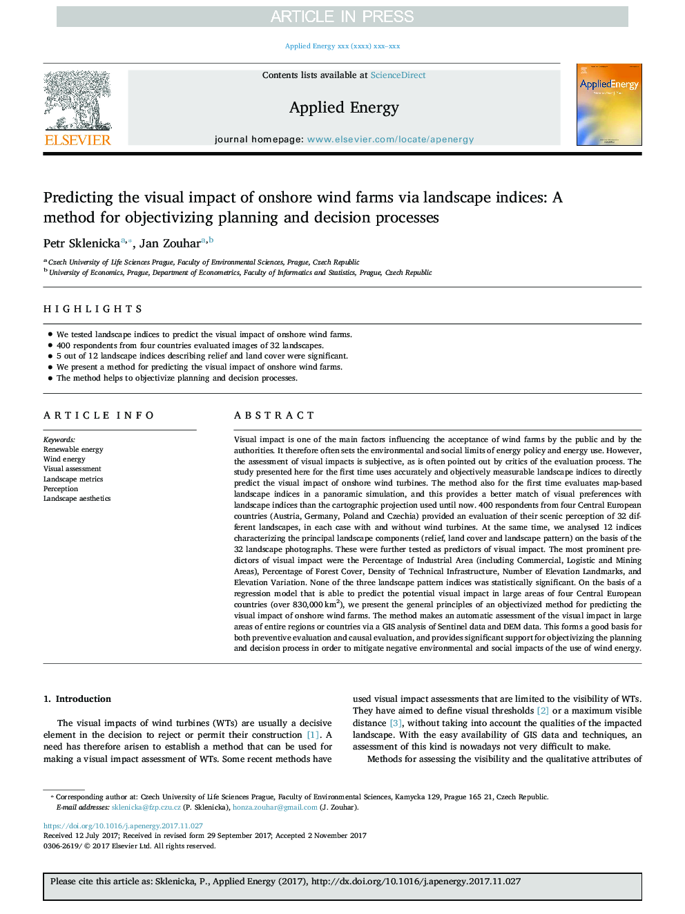 Predicting the visual impact of onshore wind farms via landscape indices: A method for objectivizing planning and decision processes