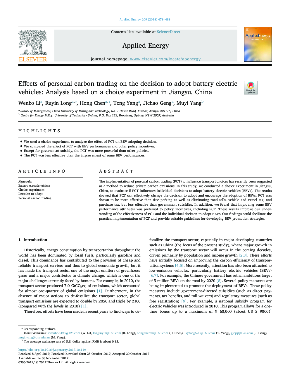 Effects of personal carbon trading on the decision to adopt battery electric vehicles: Analysis based on a choice experiment in Jiangsu, China