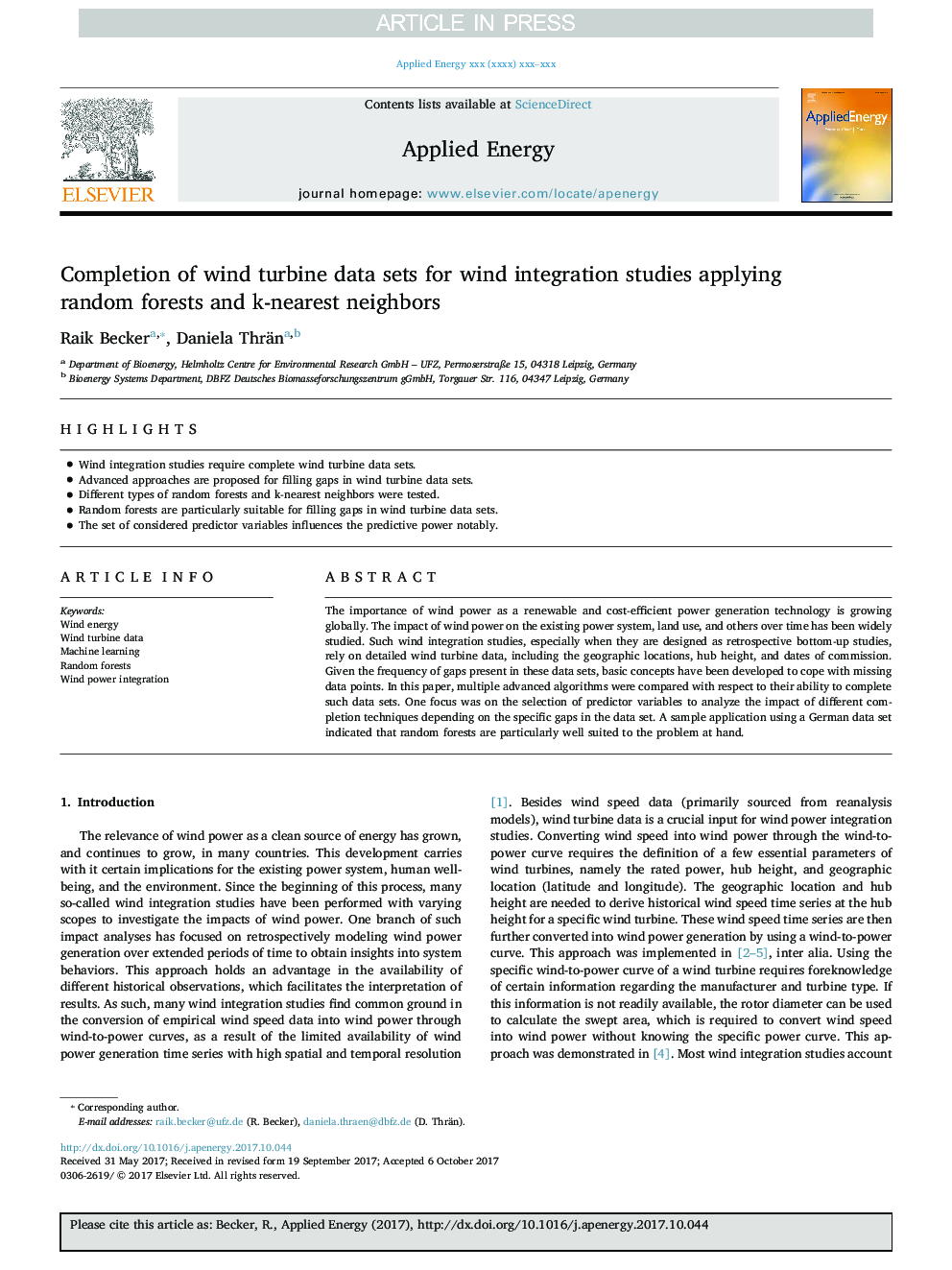 Completion of wind turbine data sets for wind integration studies applying random forests and k-nearest neighbors