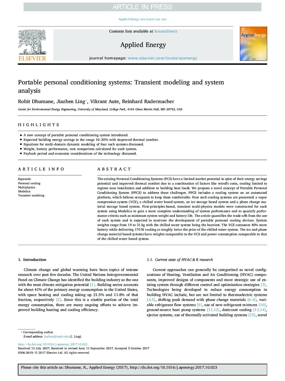 Portable personal conditioning systems: Transient modeling and system analysis