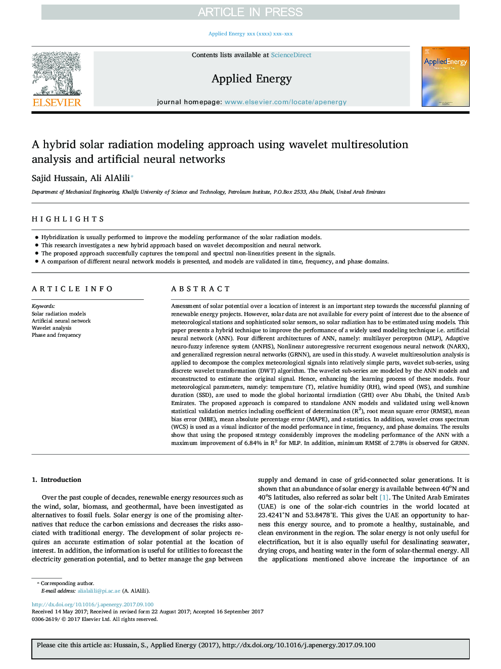 A hybrid solar radiation modeling approach using wavelet multiresolution analysis and artificial neural networks