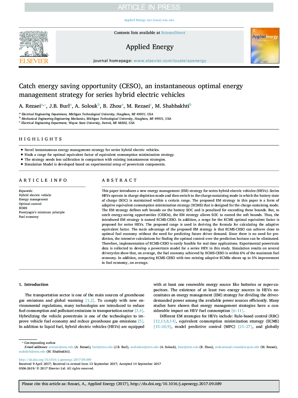 Catch energy saving opportunity (CESO), an instantaneous optimal energy management strategy for series hybrid electric vehicles