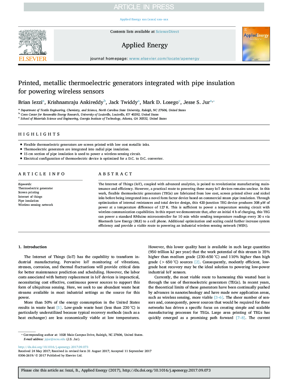 Printed, metallic thermoelectric generators integrated with pipe insulation for powering wireless sensors