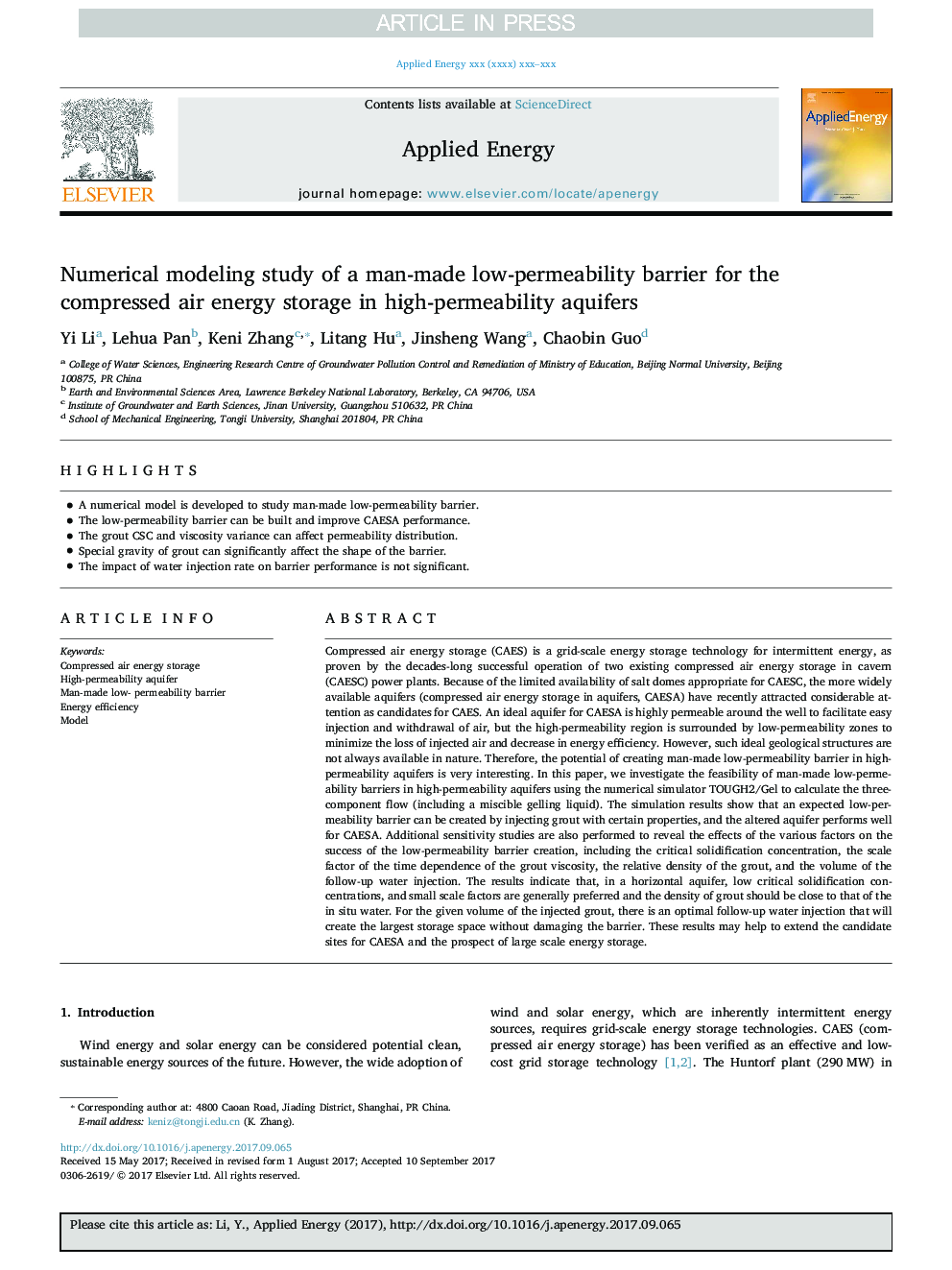 Numerical modeling study of a man-made low-permeability barrier for the compressed air energy storage in high-permeability aquifers