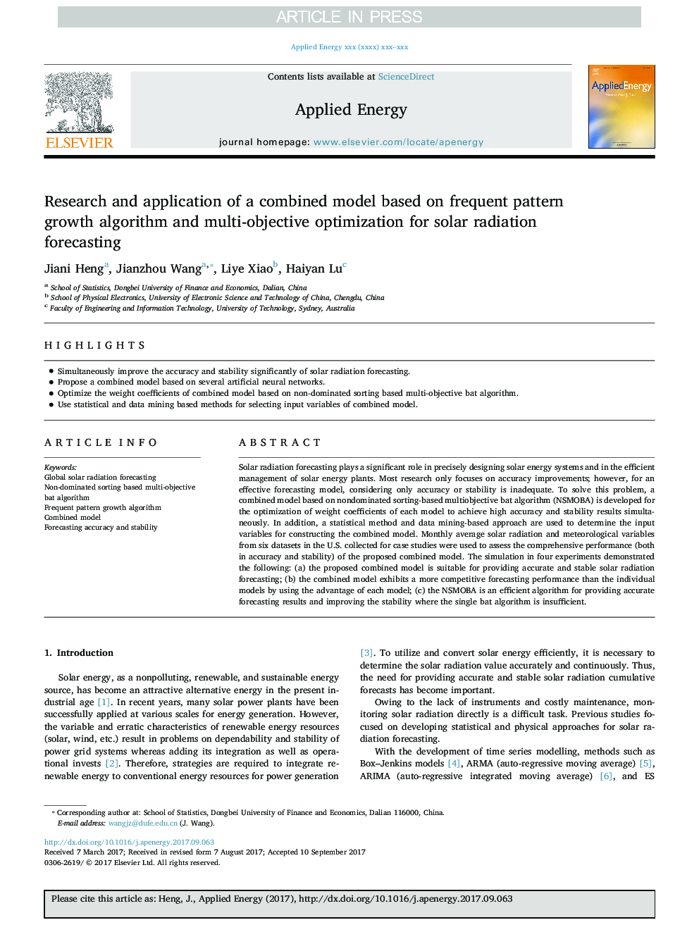 Research and application of a combined model based on frequent pattern growth algorithm and multi-objective optimization for solar radiation forecasting