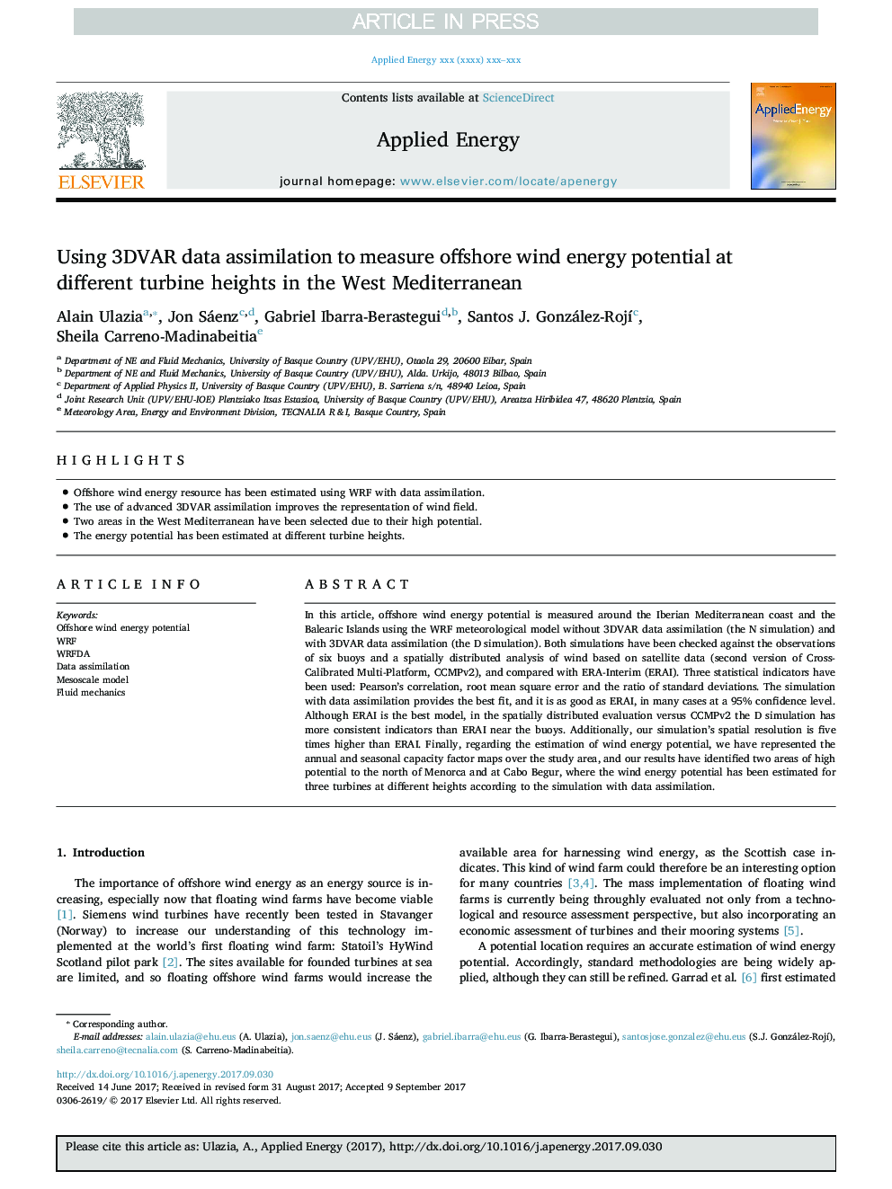 Using 3DVAR data assimilation to measure offshore wind energy potential at different turbine heights in the West Mediterranean