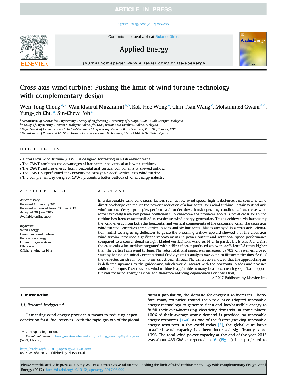 Cross axis wind turbine: Pushing the limit of wind turbine technology with complementary design