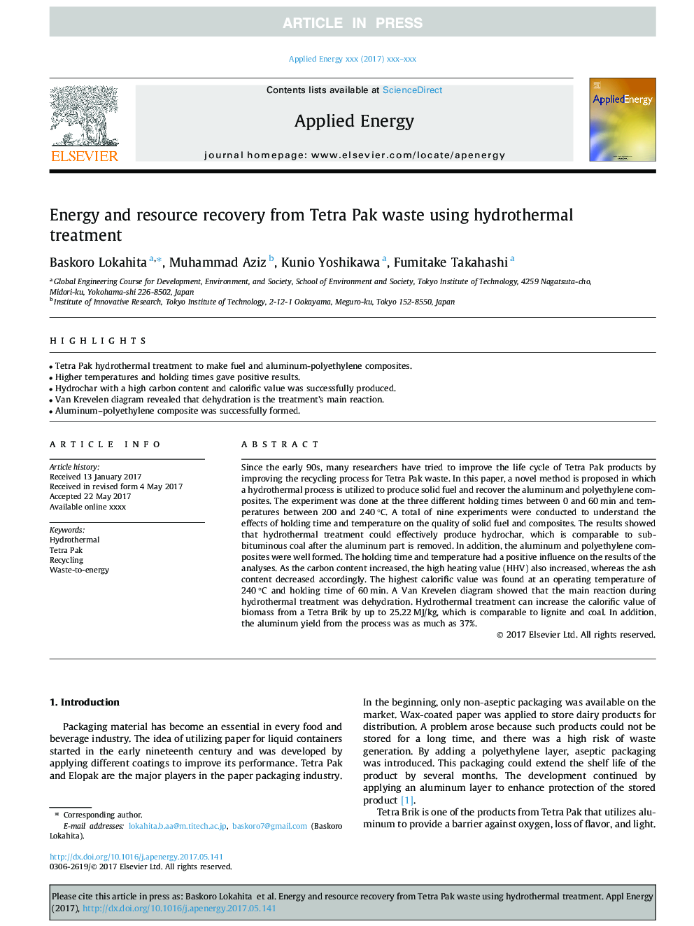 Energy and resource recovery from Tetra Pak waste using hydrothermal treatment