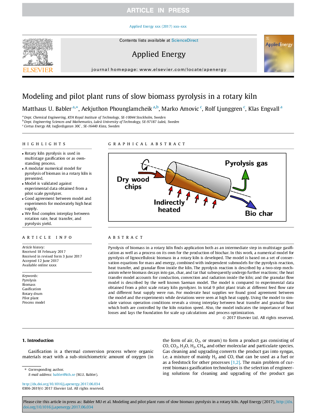 Modeling and pilot plant runs of slow biomass pyrolysis in a rotary kiln