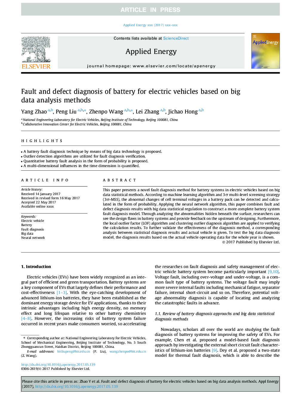 Fault and defect diagnosis of battery for electric vehicles based on big data analysis methods