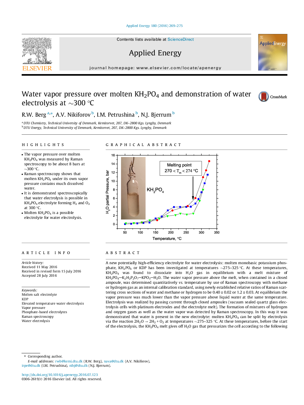 عکس صفحه اول مقاله: Water vapor pressure over molten KH2PO4 and demonstration of water electrolysis at â¼300 °C Water vapor pressure over molten KH2PO4 and demonstration of water electrolysis at â¼300 °C
