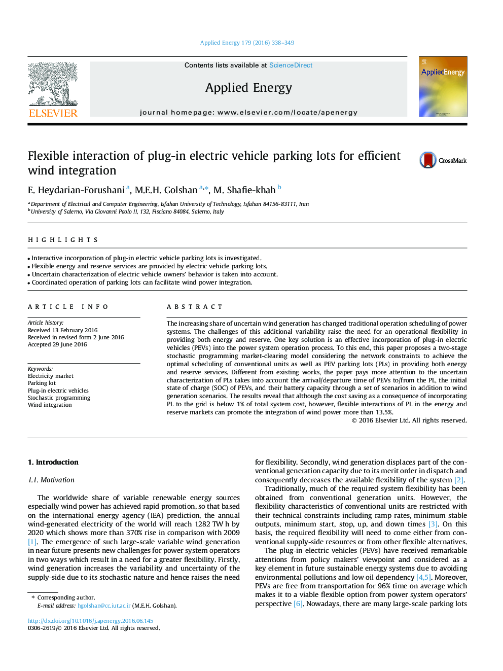 Flexible interaction of plug-in electric vehicle parking lots for efficient wind integration