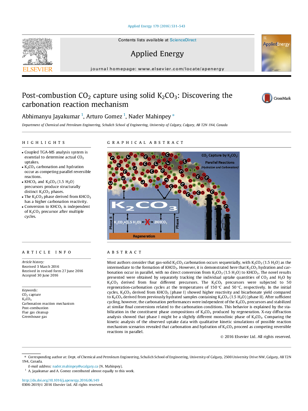 Post-combustion CO2 capture using solid K2CO3: Discovering the carbonation reaction mechanism