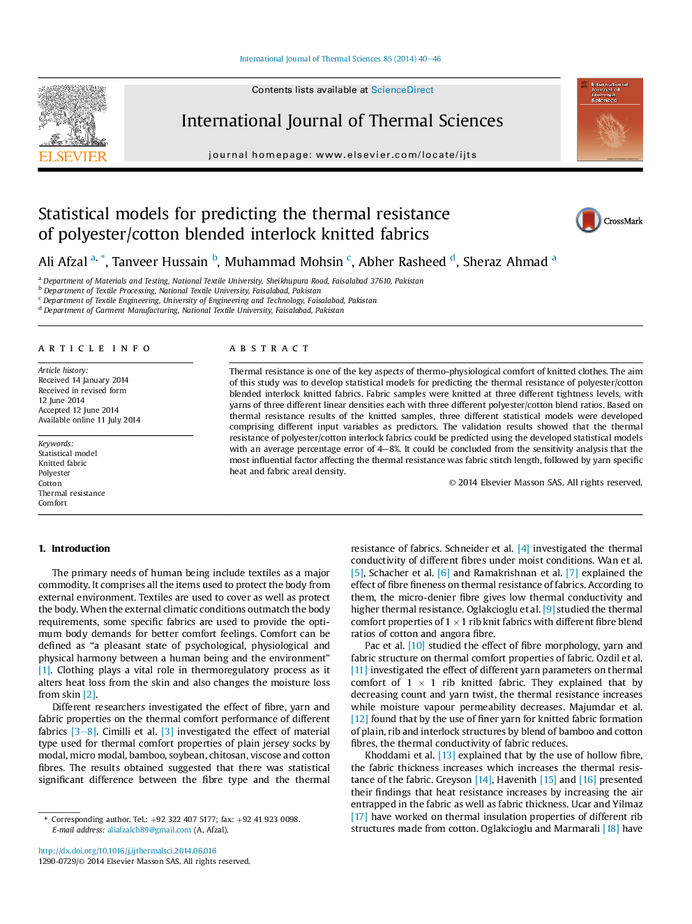 Statistical models for predicting the thermal resistance of polyester/cotton blended interlock knitted fabrics