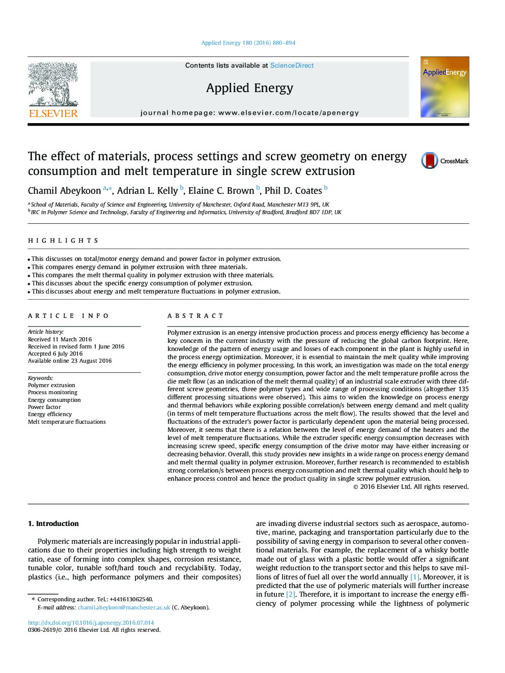 The effect of materials, process settings and screw geometry on energy consumption and melt temperature in single screw extrusion