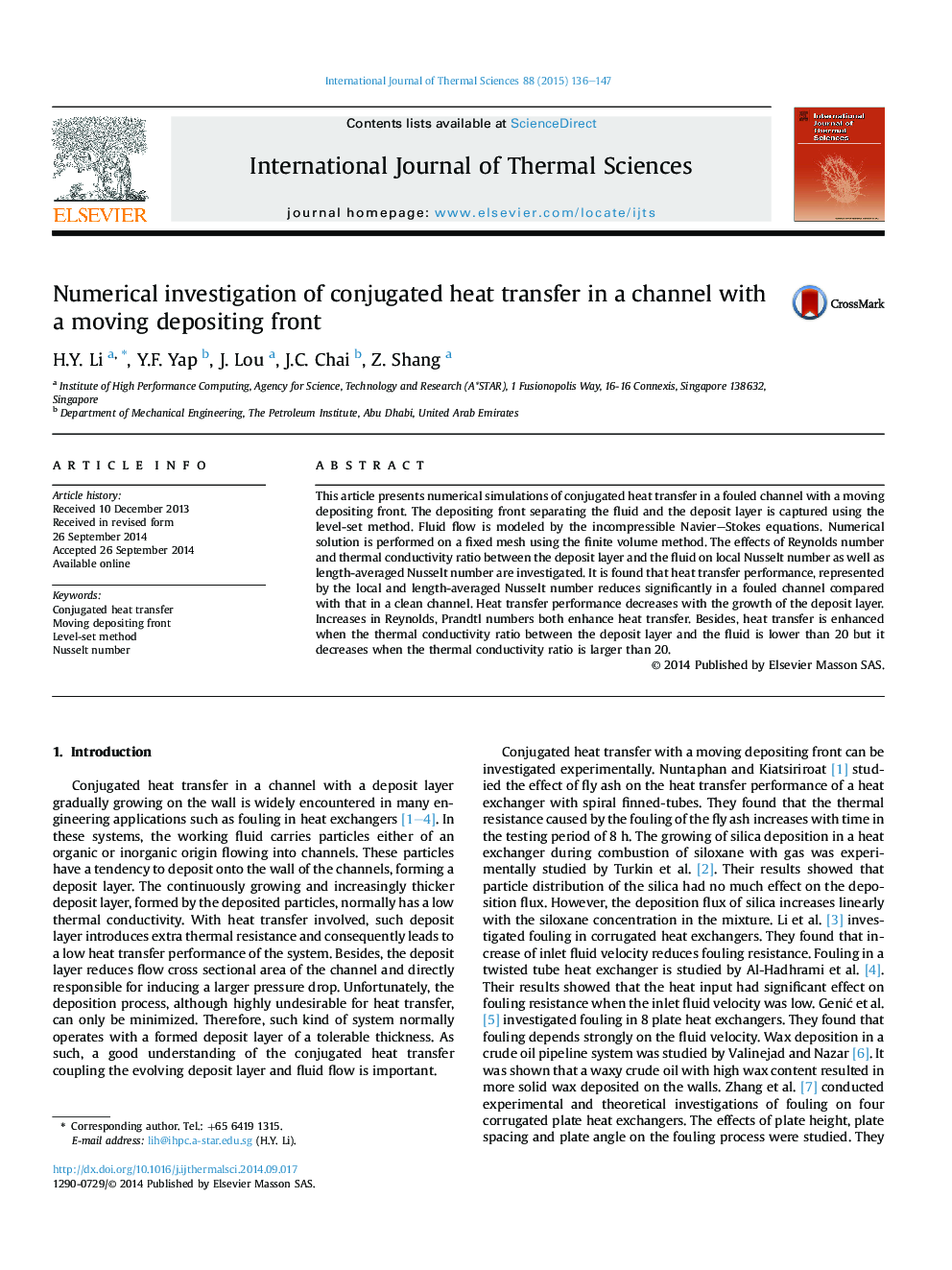 Numerical investigation of conjugated heat transfer in a channel with a moving depositing front