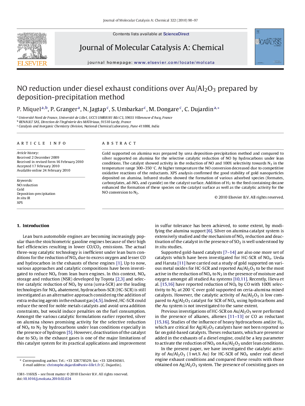 NO reduction under diesel exhaust conditions over Au/Al2O3 prepared by deposition-precipitation method