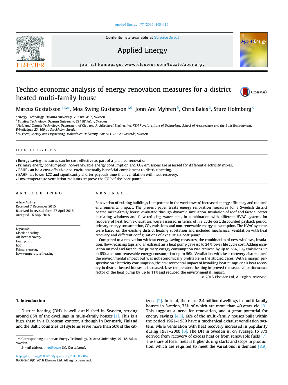 Techno-economic analysis of energy renovation measures for a district heated multi-family house
