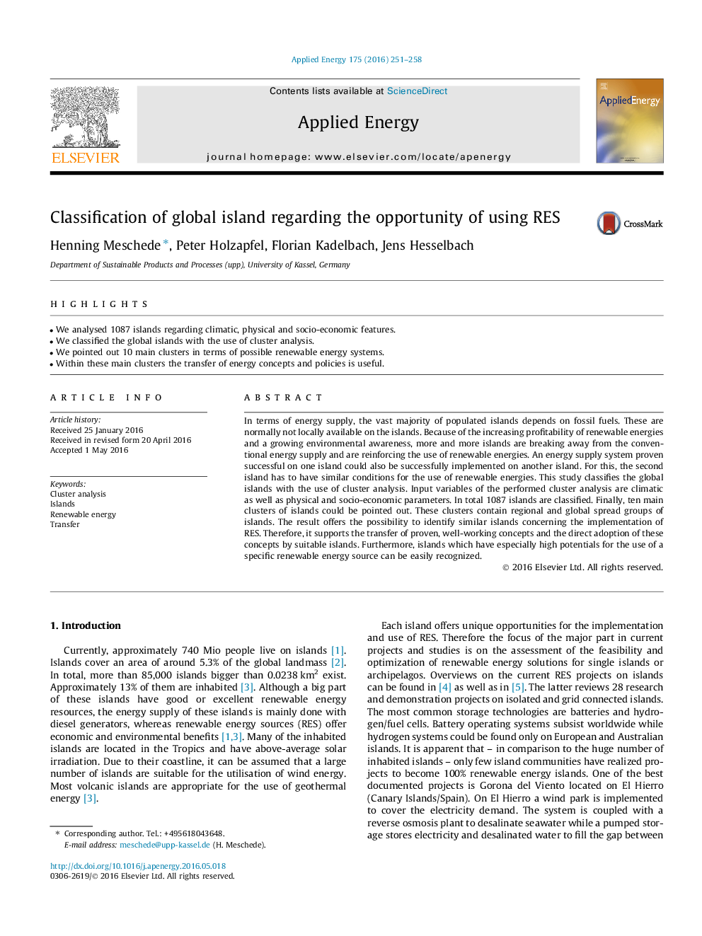 Classification of global island regarding the opportunity of using RES