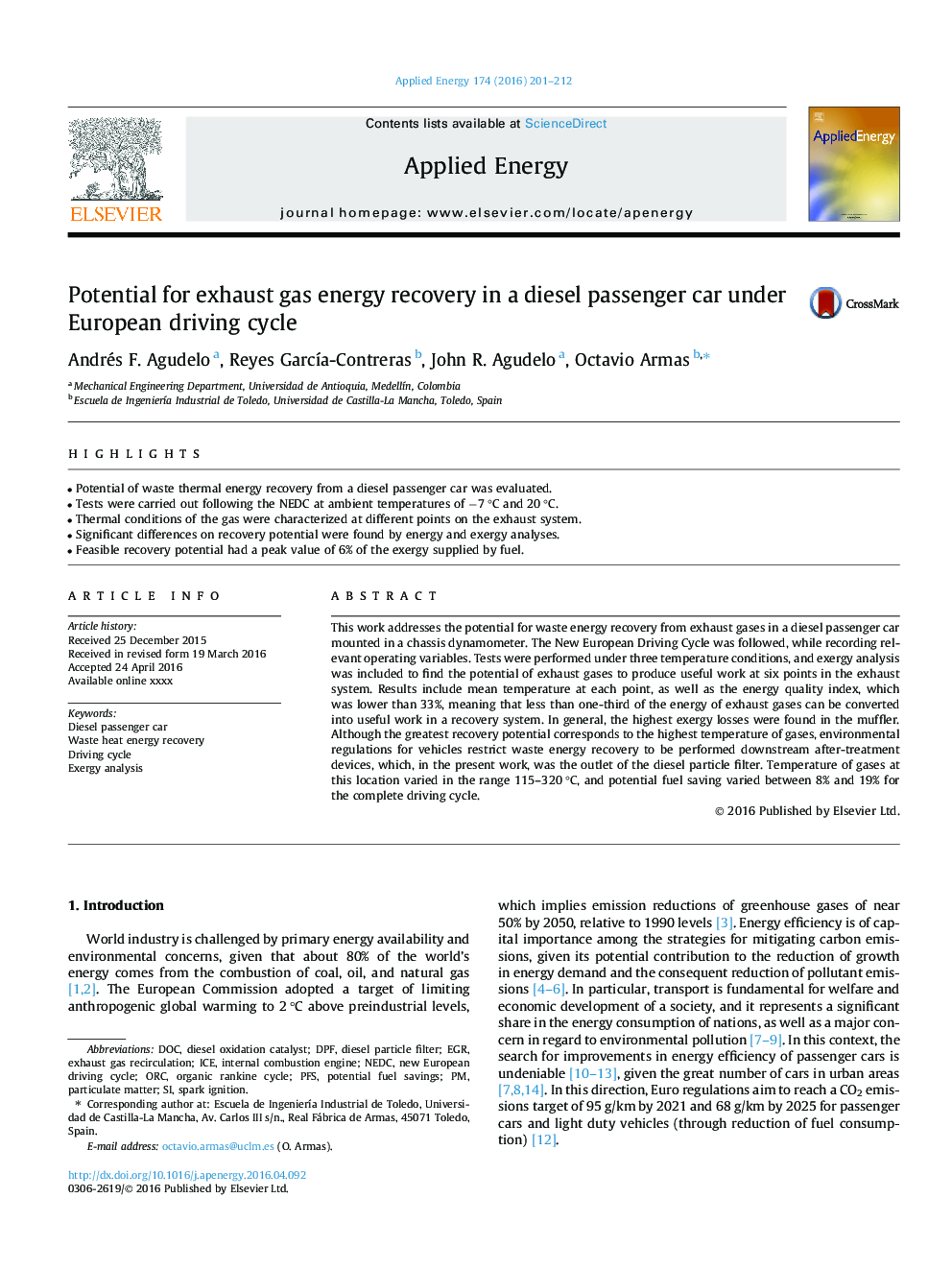 Potential for exhaust gas energy recovery in a diesel passenger car under European driving cycle