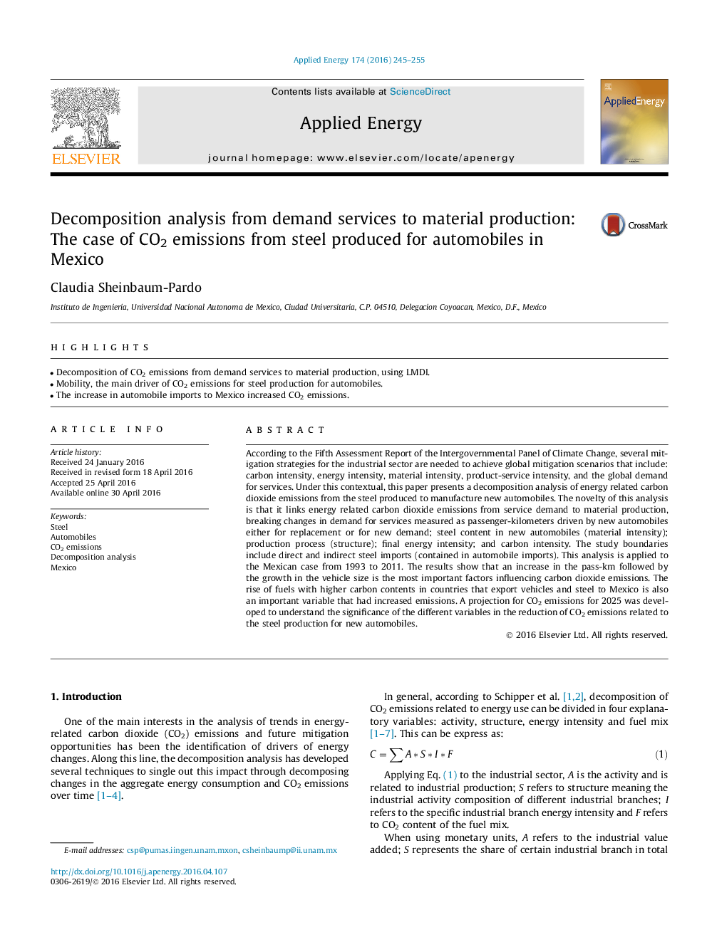 Decomposition analysis from demand services to material production: The case of CO2 emissions from steel produced for automobiles in Mexico