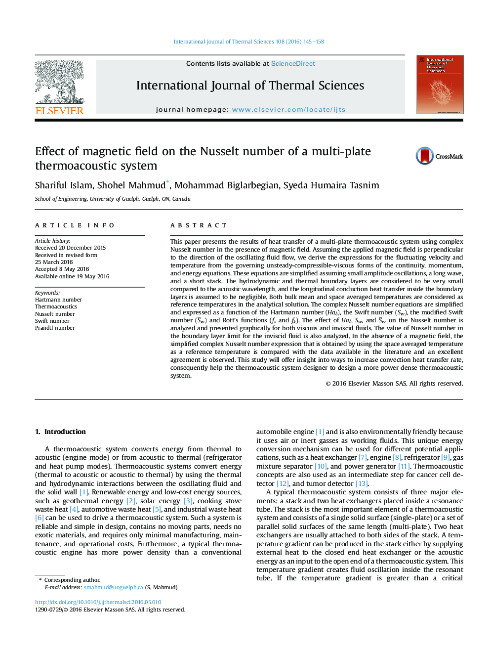 Effect of magnetic field on the Nusselt number of a multi-plate thermoacoustic system