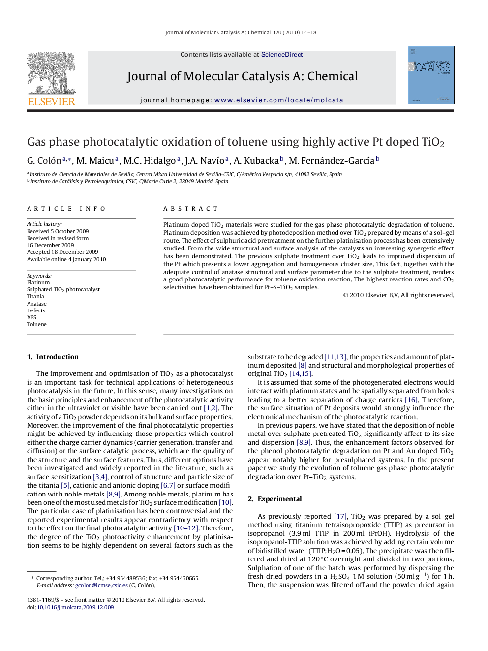 Gas phase photocatalytic oxidation of toluene using highly active Pt doped TiO2