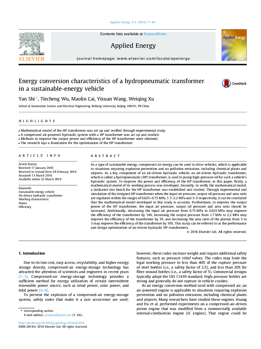 Energy conversion characteristics of a hydropneumatic transformer in a sustainable-energy vehicle