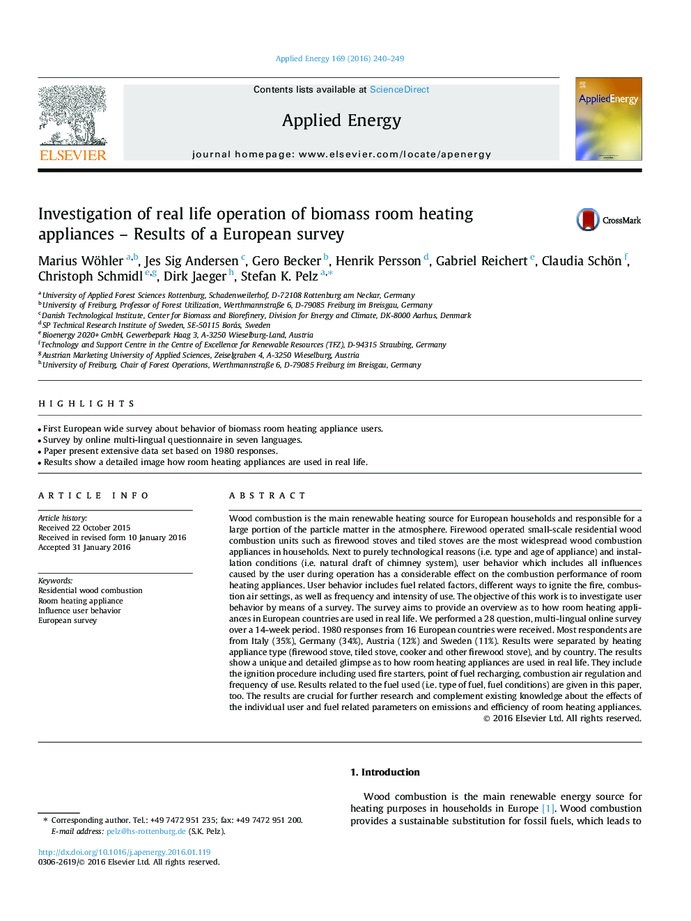 Investigation of real life operation of biomass room heating appliances - Results of a European survey