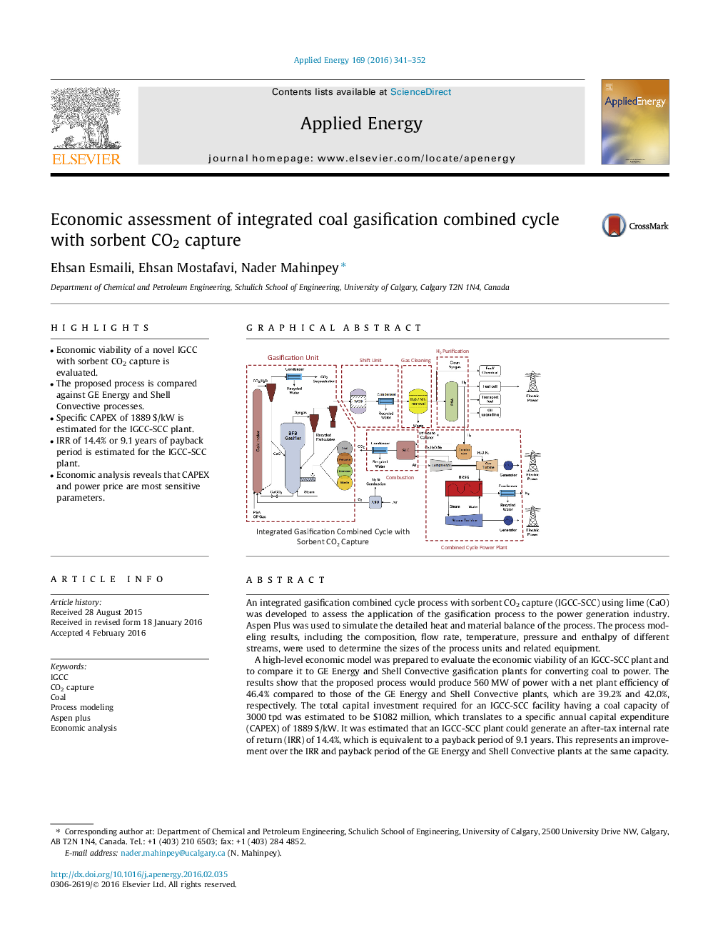 Economic assessment of integrated coal gasification combined cycle with sorbent CO2 capture