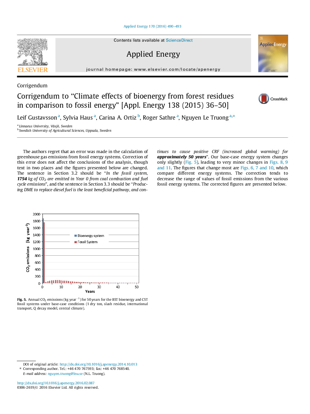 Corrigendum to “Climate effects of bioenergy from forest residues in comparison to fossil energy” [Appl. Energy 138 (2015) 36-50]