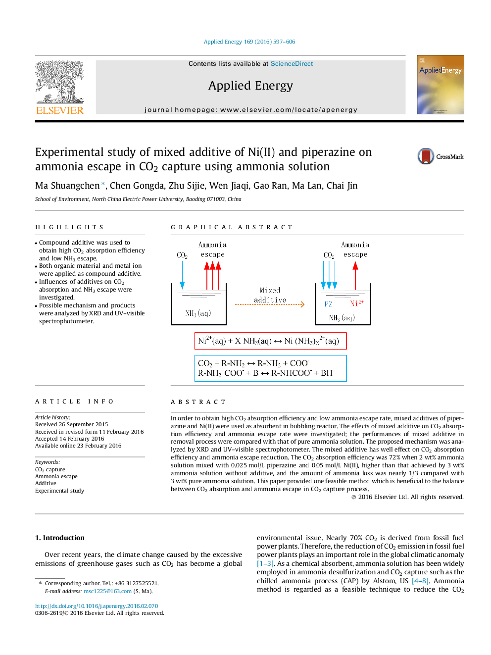 Experimental study of mixed additive of Ni(II) and piperazine on ammonia escape in CO2 capture using ammonia solution