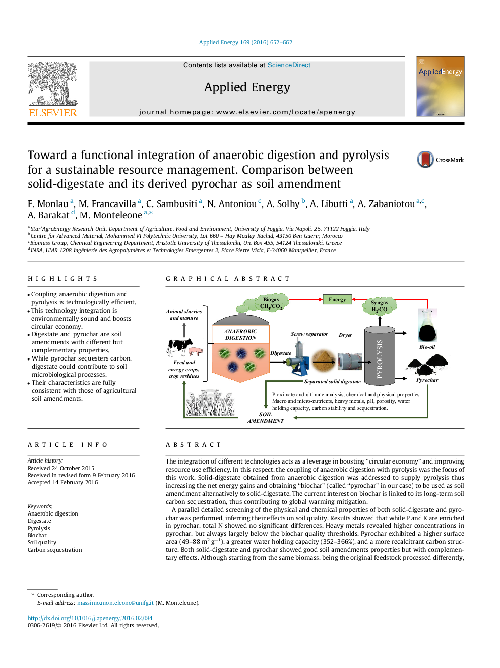 Toward a functional integration of anaerobic digestion and pyrolysis for a sustainable resource management. Comparison between solid-digestate and its derived pyrochar as soil amendment