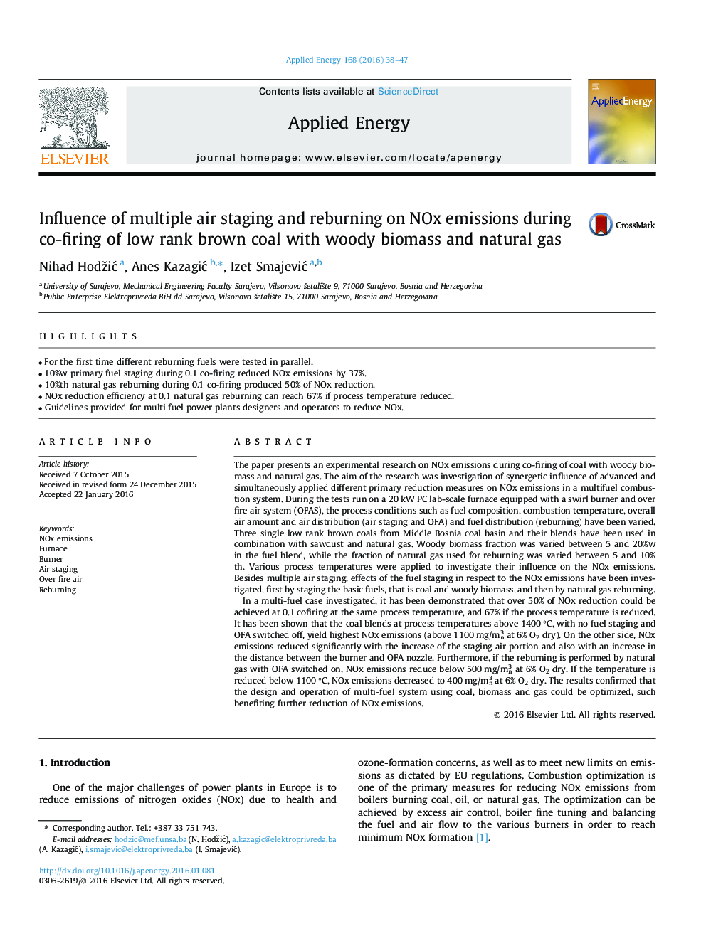 Influence of multiple air staging and reburning on NOx emissions during co-firing of low rank brown coal with woody biomass and natural gas