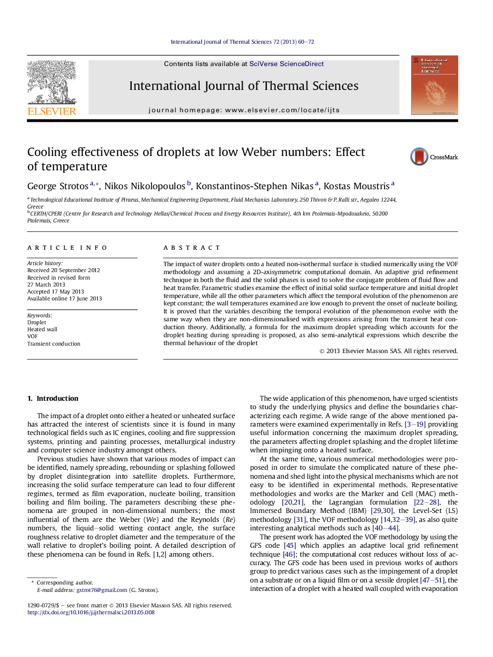 Cooling effectiveness of droplets at low Weber numbers: Effect of temperature