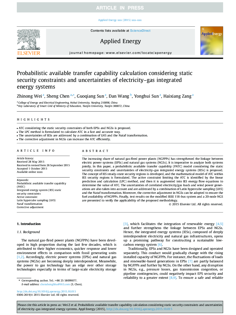 Probabilistic available transfer capability calculation considering static security constraints and uncertainties of electricity-gas integrated energy systems