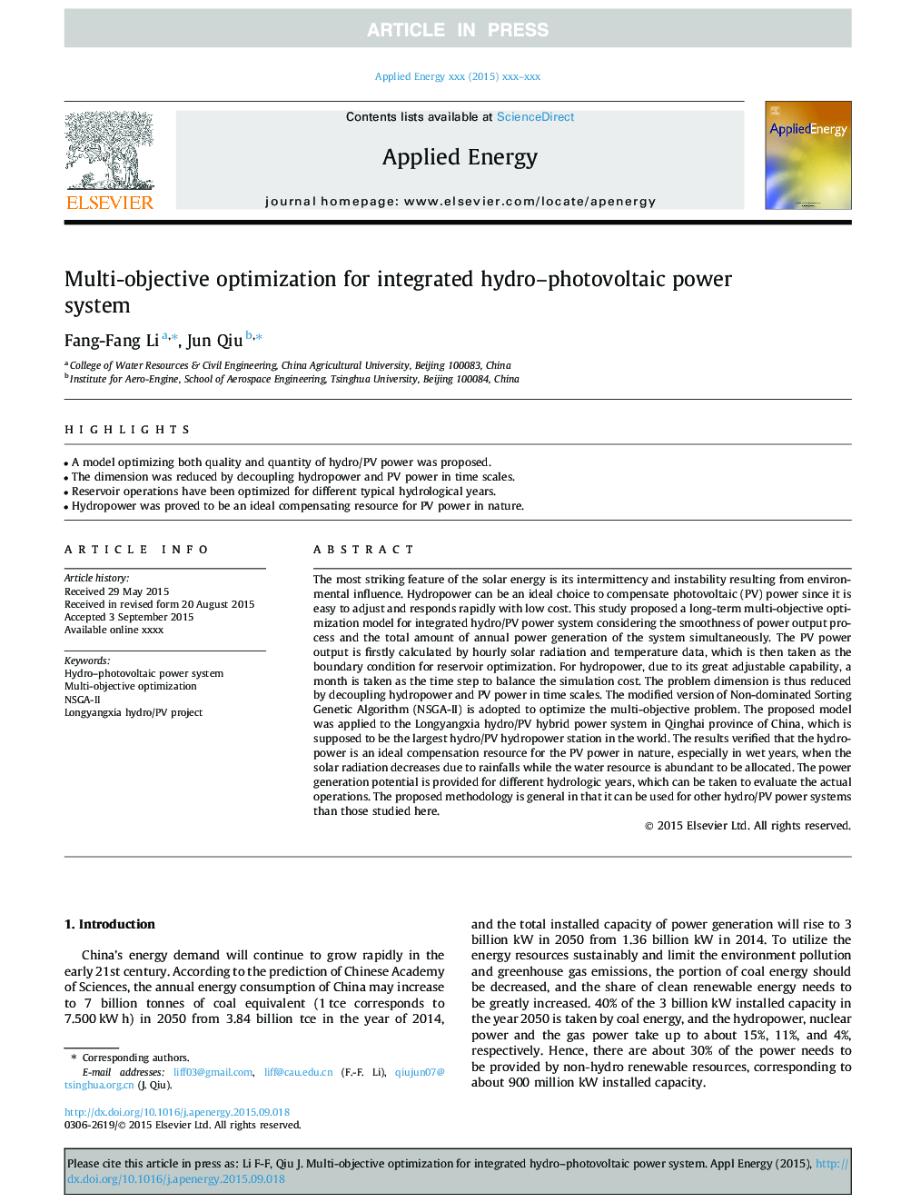 Multi-objective optimization for integrated hydro-photovoltaic power system