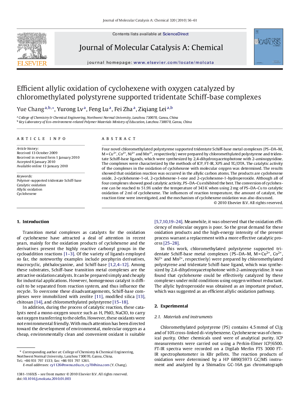 Efficient allylic oxidation of cyclohexene with oxygen catalyzed by chloromethylated polystyrene supported tridentate Schiff-base complexes