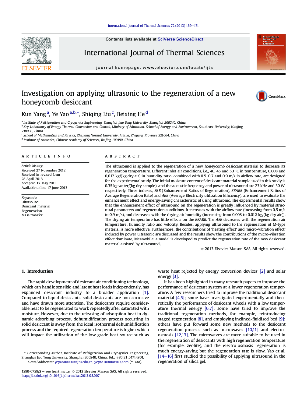 Investigation on applying ultrasonic to the regeneration of a new honeycomb desiccant